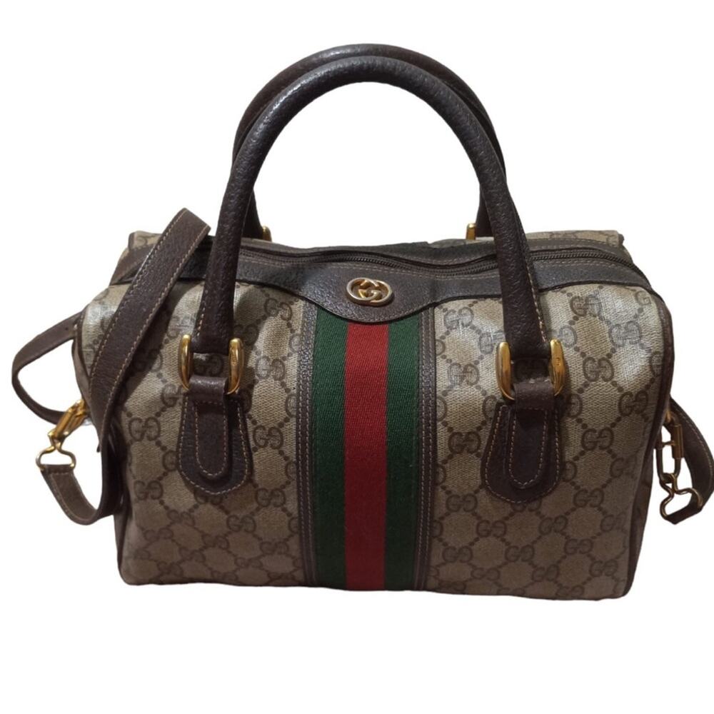 Gucci Brown GG Canvas Satchel with Green and Red Web Stripe